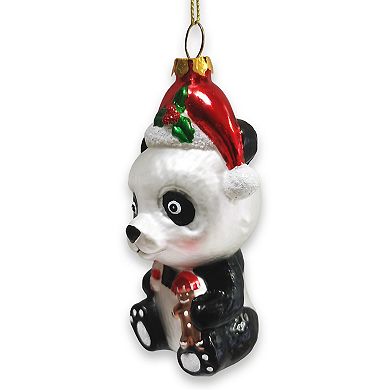 Cute Panda with Santa Hat and Gift Blown Glass Christmas Ornament