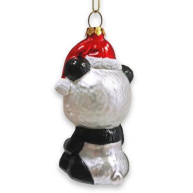 Cute Panda with Santa Hat and Gift Blown Glass Christmas Ornament