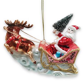 Santa Sleigh and Reindeer Elegant Christmas Ornament, Holiday Blown Glass Figurine