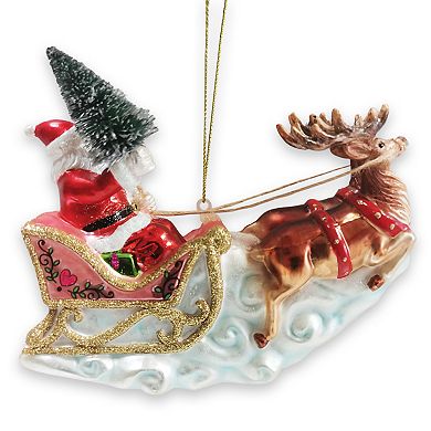 Santa Sleigh and Reindeer Elegant Christmas Ornament, Holiday Blown Glass Figurine