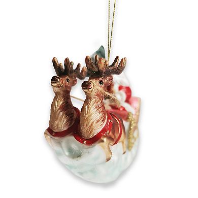 Santa Sleigh and Reindeer Elegant Christmas Ornament, Holiday Blown Glass Figurine