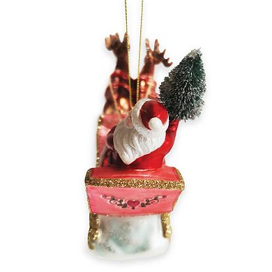 Santa Sleigh and Reindeer Elegant Christmas Ornament, Holiday Blown Glass Figurine
