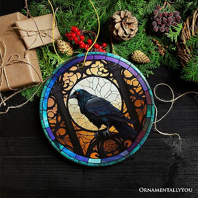 Stained Glass Creepy Dark Raven Ornament, Horror and Elegance
