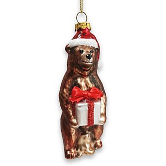 Grizzly Bear with Santa Hat and Gift Glass Christmas Ornament
