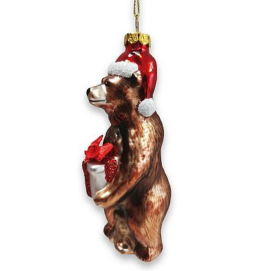 Grizzly Bear with Santa Hat and Gift Glass Christmas Ornament