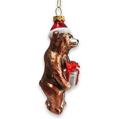 Grizzly Bear with Santa Hat and Gift Glass Christmas Ornament