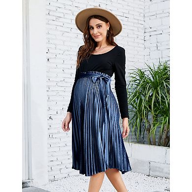 Maternity Skirts Velvet High Elastic Waisted A Line Pleated Ruffle Holiday Skirt with Belt