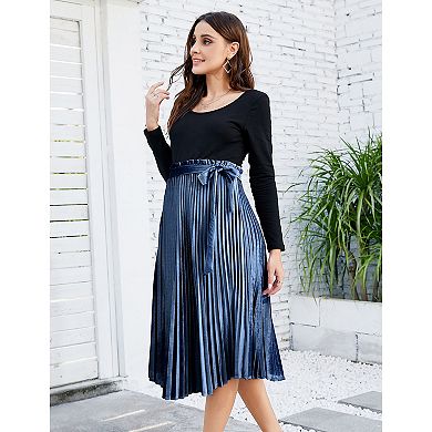 Maternity Skirts Velvet High Elastic Waisted A Line Pleated Ruffle Holiday Skirt with Belt
