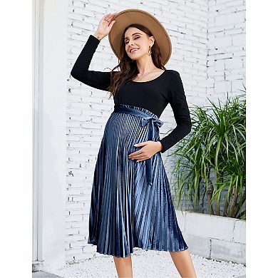 Maternity Skirts Velvet High Elastic Waisted A Line Pleated Ruffle Holiday Skirt with Belt