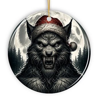 Ferocious Werewolf with Santa Hat Ornament, Terrifying Holiday Gift for Halloween Lovers, Version 2