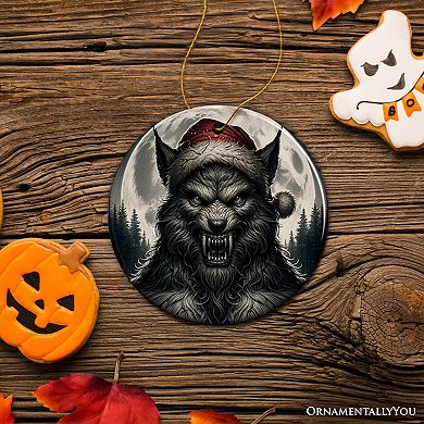 Ferocious Werewolf with Santa Hat Ornament, Terrifying Holiday Gift for Halloween Lovers, Version 2