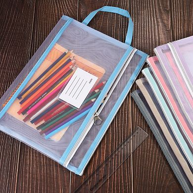 Nylon Document Pouch, A4 Mesh Clear Zip Files Handle Bag with Name Tag for Office Business