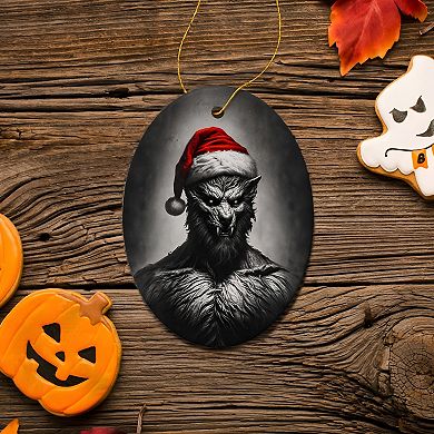 Beastly Werewolf with Santa Hat Ornament, Frightening Holiday Keepsake for Spooky Tree