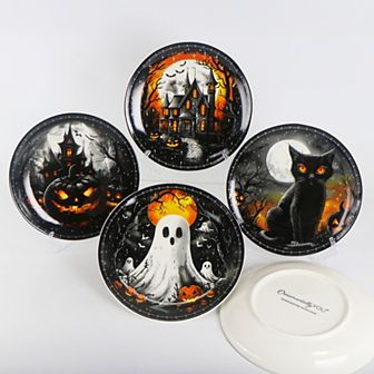 Haunted Night Set of 4 Plates, Black Halloween Tableware Collection for Salad, Dessert & Appetizer