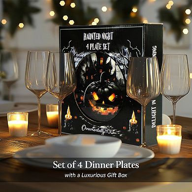 Haunted Night Set of 4 Plates, Black Halloween Tableware Collection for Salad, Dessert & Appetizer