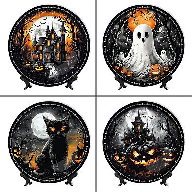 Haunted Night Set of 4 Plates, Black Halloween Tableware Collection for Salad, Dessert & Appetizer