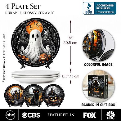 Haunted Night Set of 4 Plates, Black Halloween Tableware Collection for Salad, Dessert & Appetizer