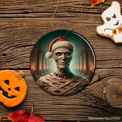 Ancient Mummy with Santa Hat Ornament, Enigmatic Holiday Gift for Horror Enthusiasts