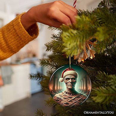 Ancient Mummy with Santa Hat Ornament, Enigmatic Holiday Gift for Horror Enthusiasts