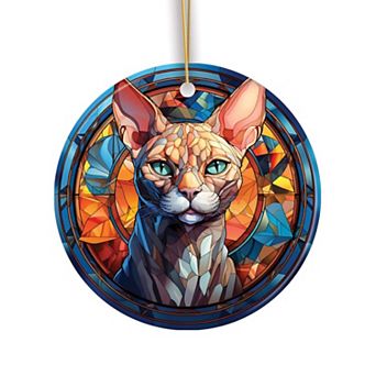 Mystical Feline Bewitching Cat Stained Glass Style Ceramic Ornament, Halloween Themed Christmas Gift