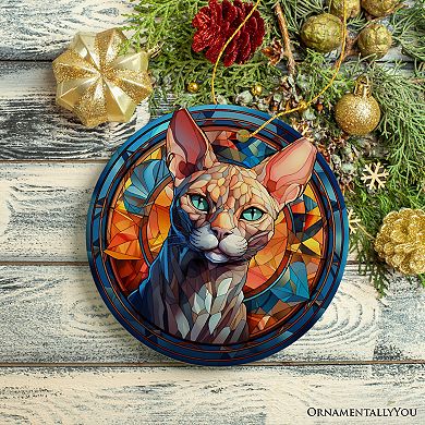 Mystical Feline Bewitching Cat Stained Glass Style Ceramic Ornament, Halloween Themed Christmas Gift