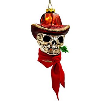 Vintage Ol Western Cowboy Skull Glass Ornament, Gothic Skeleton Wild West Tree Decor
