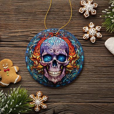 Grim Guardian Haunting Skull Stained Glass Style Ceramic Ornament, Halloween Themed Christmas Gift