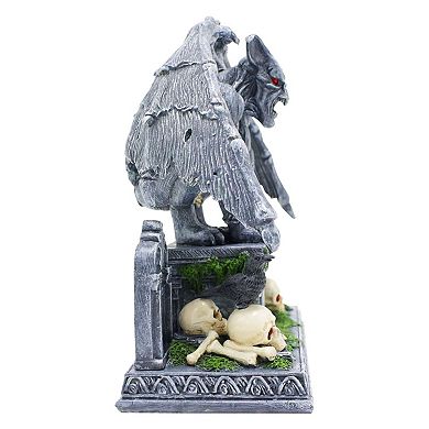 Grave Guardian Gargoyle Figurine, 7" Solar Powered Gothic Halloween Garden Statue