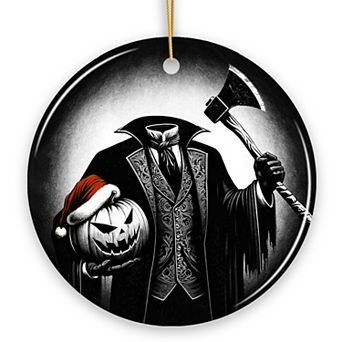Creepy Headless Horseman And Pumpkin With Santa Hat Ornament, Horror Themed Christmas Decor