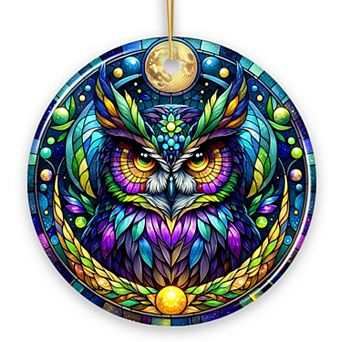 Nocturnal Enchanter Mysterious Owl Stained Glass Style Ceramic Ornament, Halloween Themed Christmas
