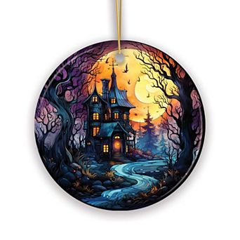 Eerie Abode Amidst Spooky Trees Stained Glass Style Ceramic Ornament, Halloween Themed Christmas