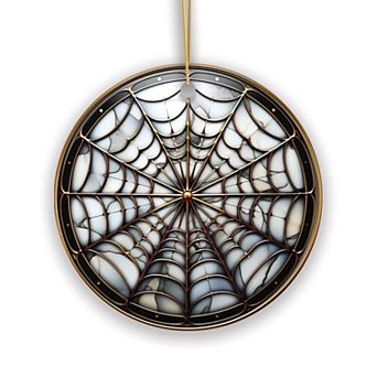 Golden Arachnid Haunt Intricate Spider Web Stained Glass Style Ceramic Ornament, Halloween Themed