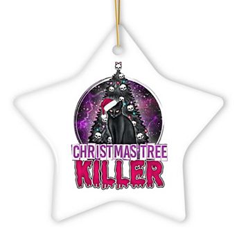 Black Cat Christmas Tree Killer Funny Emo Ornament, Spooky and Creepy Holiday Decor