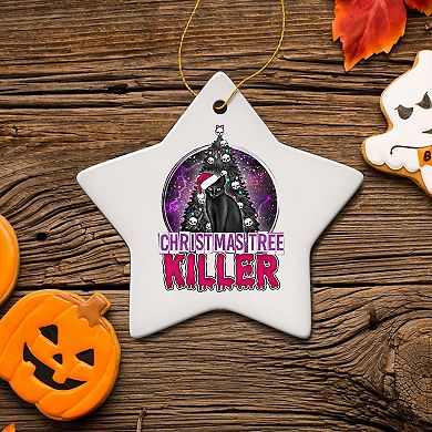 Black Cat Christmas Tree Killer Funny Emo Ornament, Spooky and Creepy Holiday Decor