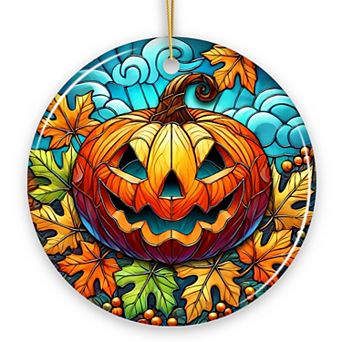 Pumpkin Spice and Crispy Leaves Stained Glass Style Ceramic Ornament, Halloween Themed