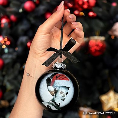 Frankenstein's Bride Christmas Spooky Portrait Glass Ornament, Black Horror Halloween Tree Decor