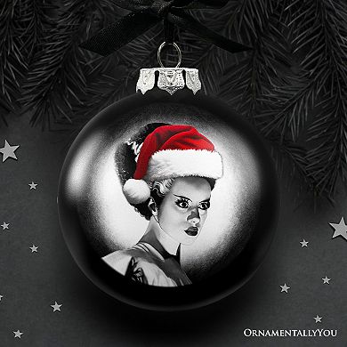Frankenstein's Bride Christmas Spooky Portrait Glass Ornament, Black Horror Halloween Tree Decor