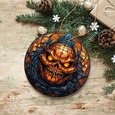 Pumpkin Skull with Glowing Red Eyes Stained Glass Style Ceramic Ornament, Halloween Themed Christmas