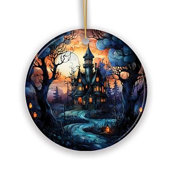 Dark and Gloomy Haunted House Stained Glass Style Ceramic Ornament, Halloween Themed Christmas Gift