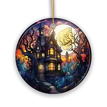 Haunted House Amidst Spooky Woods Stained Glass Style Ceramic Ornament, Halloween Themed Christmas