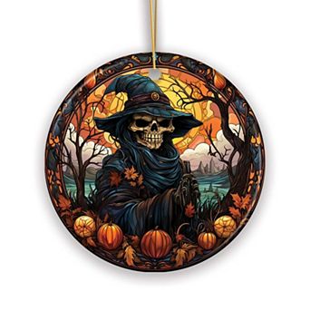 Bewitching Skeletal Sorcery Stained Glass Style Ceramic Ornament, Halloween Themed Christmas Gift