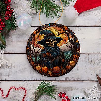 Bewitching Skeletal Sorcery Stained Glass Style Ceramic Ornament, Halloween Themed Christmas Gift