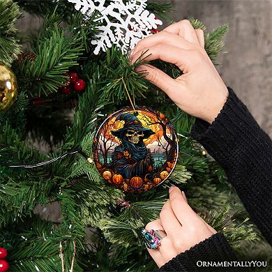 Bewitching Skeletal Sorcery Stained Glass Style Ceramic Ornament, Halloween Themed Christmas Gift