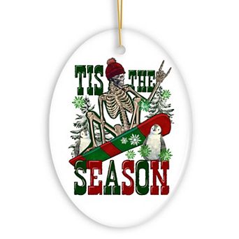 Tis the Season Snowboarding Theme Christmas Ornament, Winter Athlete Funny Skeleton