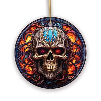 Phantom's Grin Sinister Skull Stained Glass Style Ceramic Ornament, Halloween Themed Christmas Gift