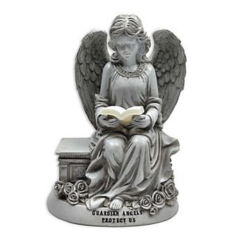 Guardian Angel Reading Book Garden Statue, 10" Solar Powered Angelic Outdoor Figurine