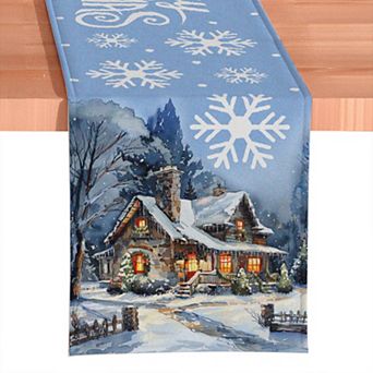 Gracefully Artful Winter Cabin 72" Table Runner, Merry Christmas Blue Rectangle Tablecloth