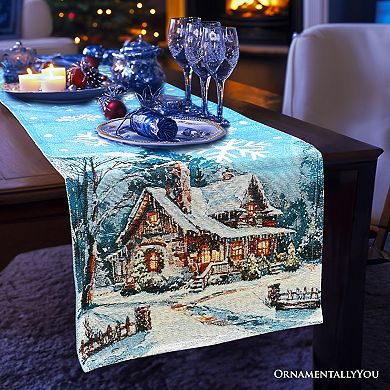 Gracefully Artful Winter Cabin 72" Table Runner, Merry Christmas Blue Rectangle Tablecloth