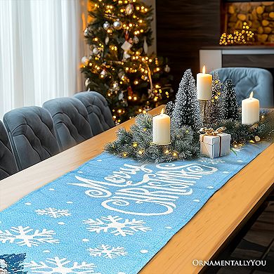 Gracefully Artful Winter Cabin 72" Table Runner, Merry Christmas Blue Rectangle Tablecloth