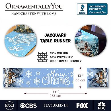 Gracefully Artful Winter Cabin 72" Table Runner, Merry Christmas Blue Rectangle Tablecloth